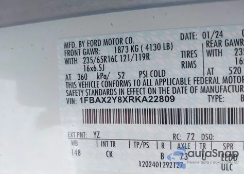 2024 Ford Transit-350 Passenger Van Xlt из США, поврежденный, VIN 1FBAX2Y8XRKA22809